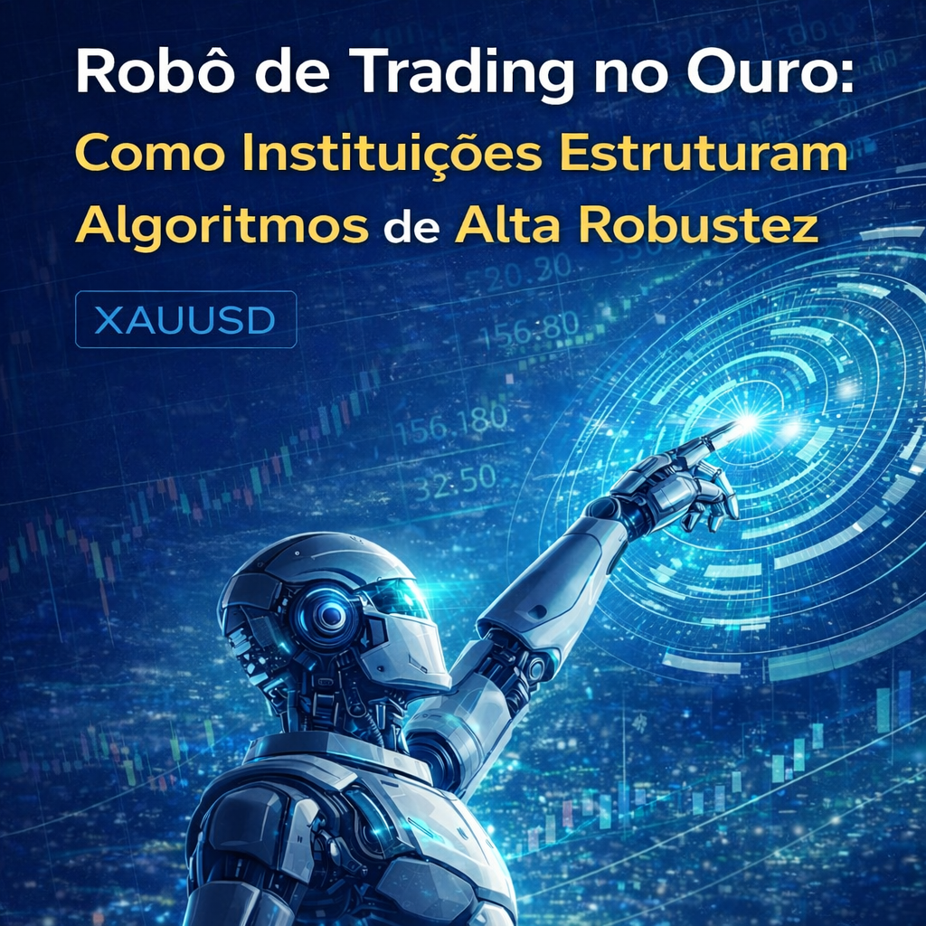 Ilustração de um algoritmo de trading operando o mercado de ouro com múltiplas camadas de lógica, incluindo controle de risco, execução automática e estabilidade da curva de capital.