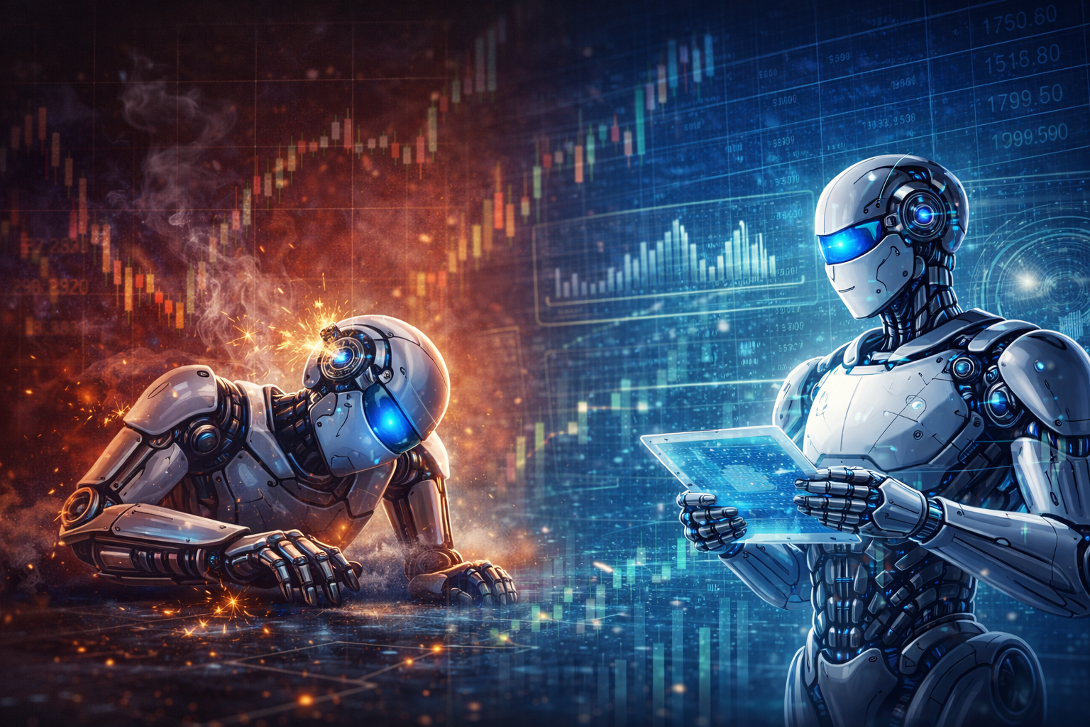 Comparação entre dois robôs de trading: um com crescimento rápido seguido de colapso na curva de capital e outro com evolução mais estável baseada em controle de risco e gestão de exposição.