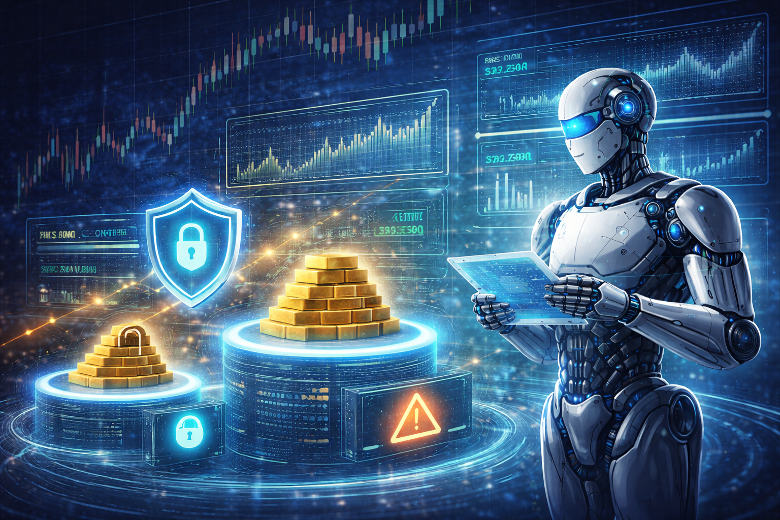 Representação de um sistema algorítmico profissional operando no mercado de ouro, com estrutura de controle de risco, lógica de execução automática e estabilidade na curva de capital.