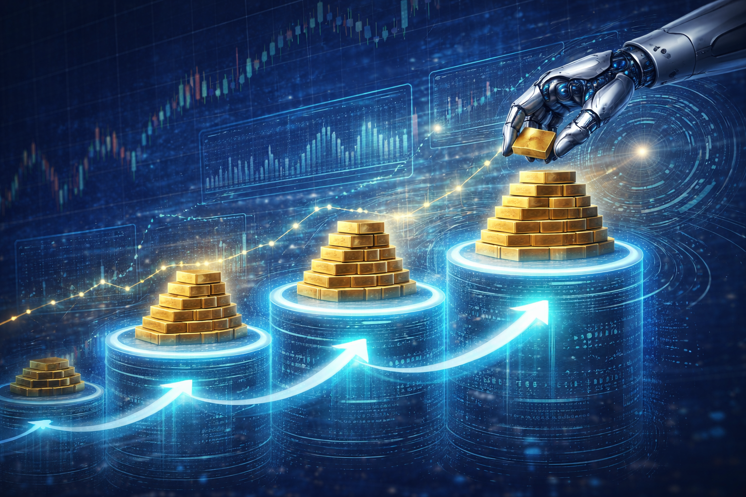 Gráfico do mercado de ouro mostrando movimentos repetitivos de preço enquanto um sistema algorítmico identifica ciclos estatísticos para execução automatizada de trades.