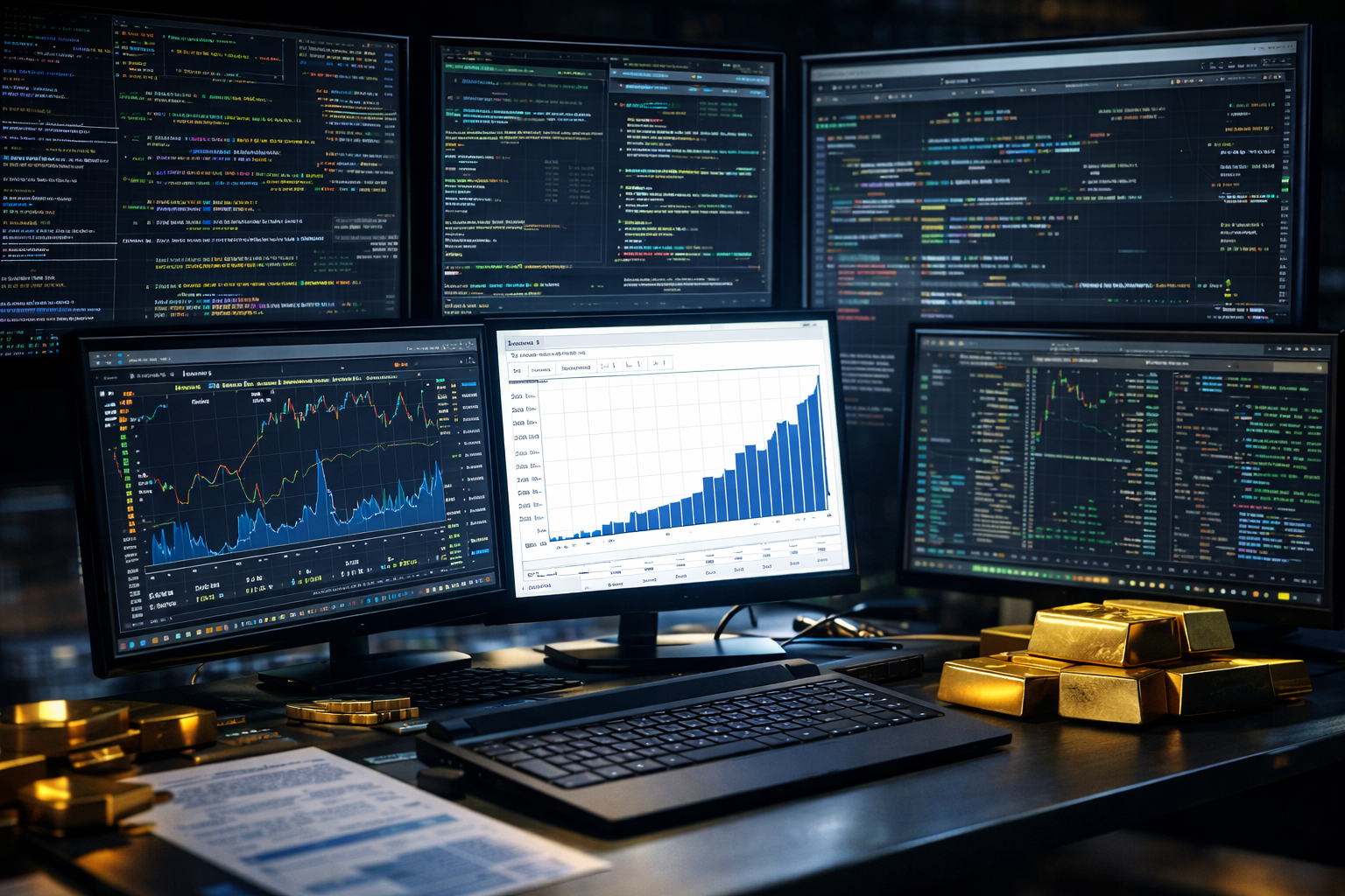 Tela de resultados de trading sendo analisada enquanto um gráfico de curva de capital mostra desempenho ao longo do tempo, destacando análise de consistência e gestão de risco além de plataformas de monitoramento.