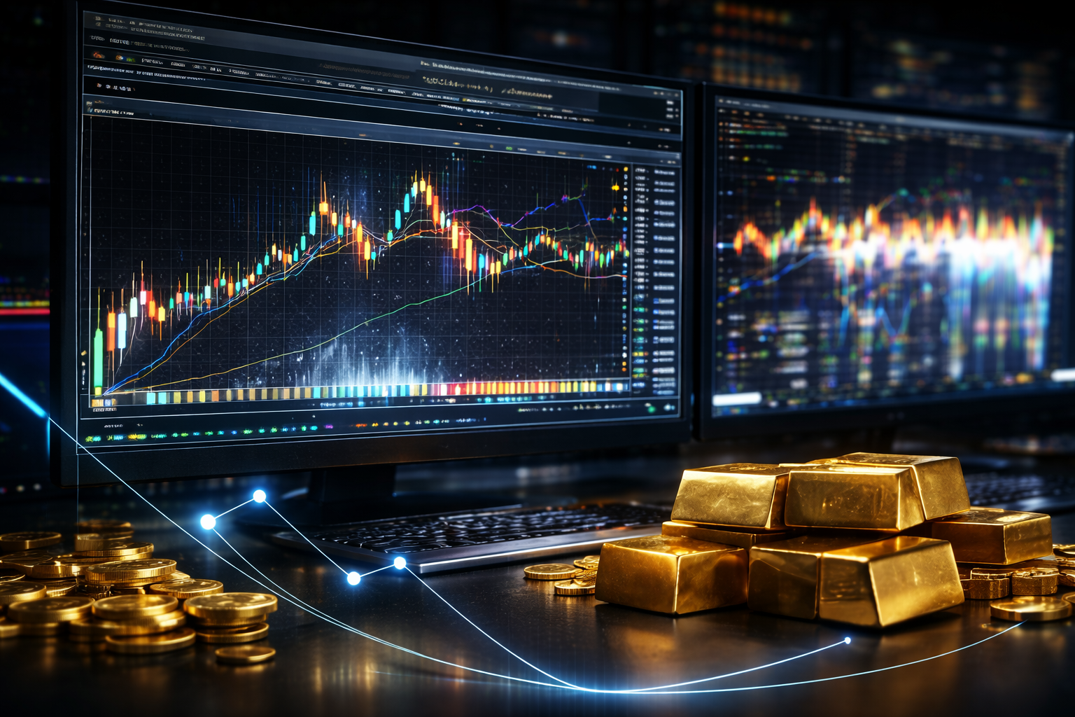 Gráfico do ouro no timeframe M1 mostrando movimentos rápidos de preço enquanto um algoritmo analisa micro variações para executar operações automáticas com controle de risco.