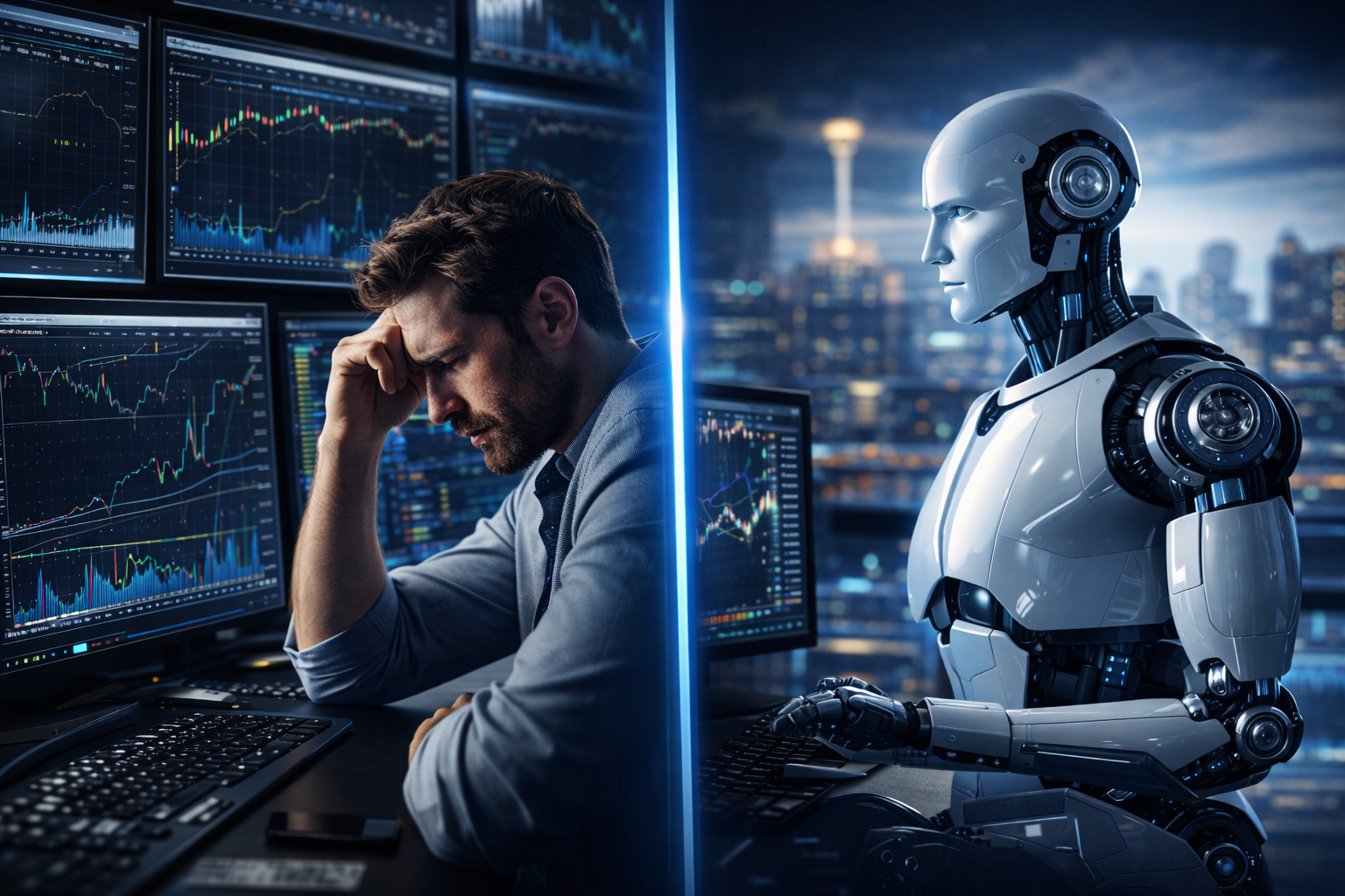 Comparação visual entre um trader analisando o gráfico sob pressão emocional e um sistema algorítmico executando operações automaticamente com lógica programada.