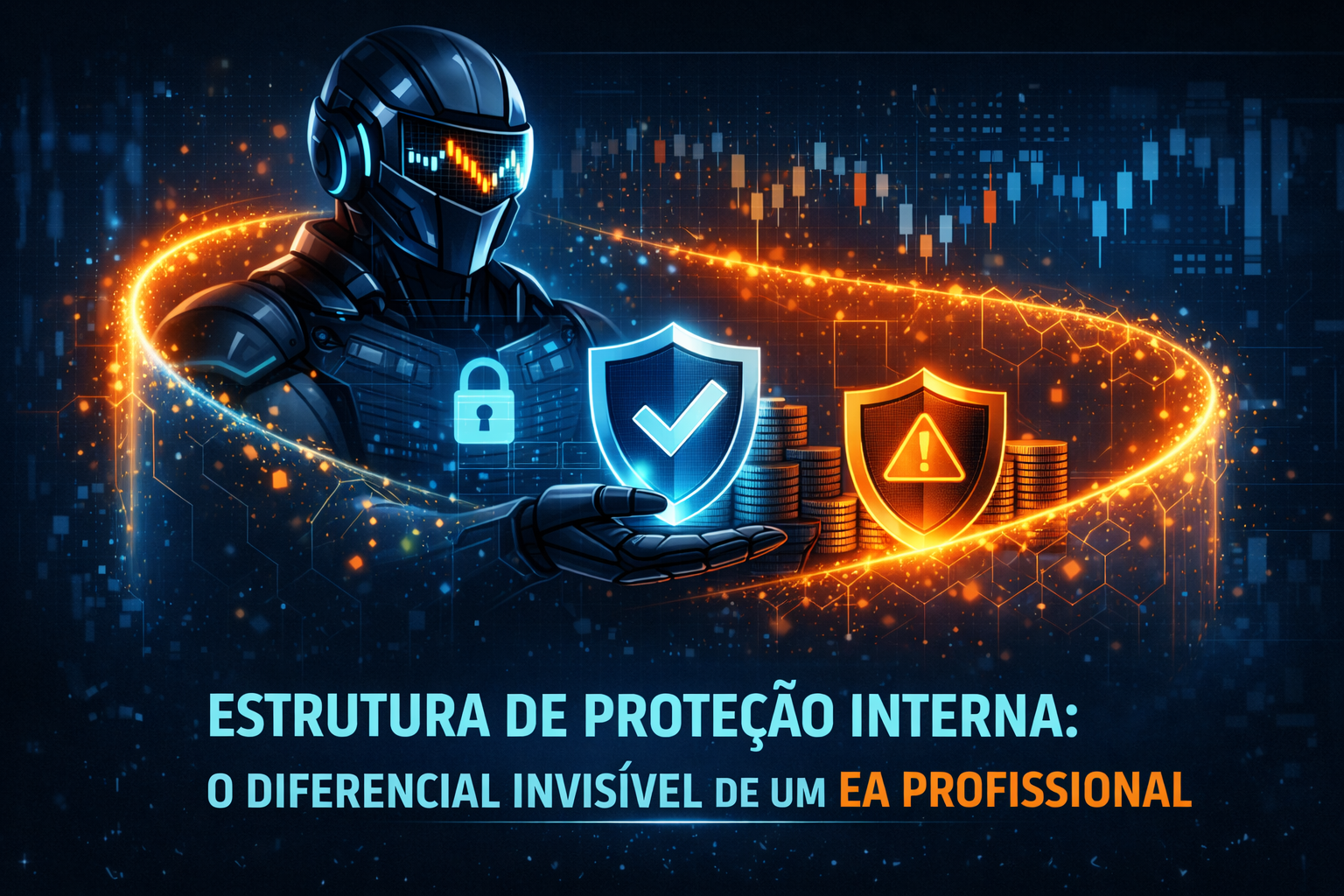 Robô de trading com estrutura de proteção interna representando segurança e controle de risco em EA profissional