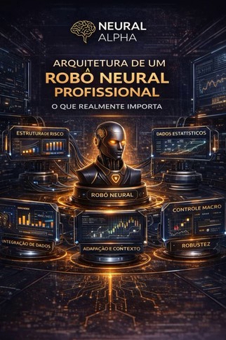 Diagrama conceitual de um robô de trading com múltiplas camadas de lógica, incluindo leitura de mercado, controle de risco, execução automática e estabilidade da curva de capital.