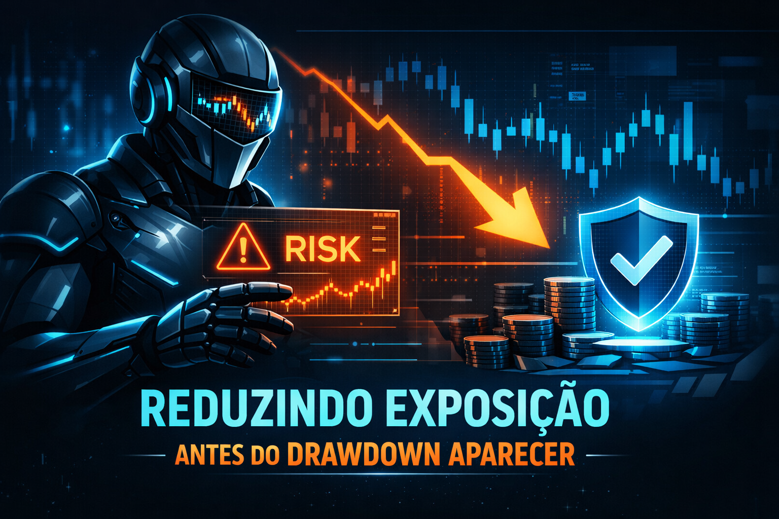 Robô de trading analisando mercado financeiro e reduzindo exposição antes do drawdown para proteger capital